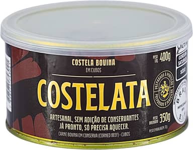 Costelata, Costela bovina na lata, cozida em cubos em conserva, sem osso, sem adição de conservantes, Artesanal, 400 gramas