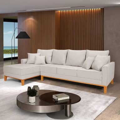 Sofá Beny Chaise e 4 lugares Living Linho Base de Madeira Fixo Sala (Cru, Lado Esquerdo)