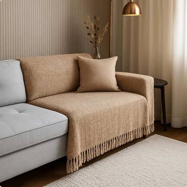 Manta para Sofá 3 Lugares 1,80 × 2,40 m – Algodão 100% com Franjas Decorativas, Protetora para Pets, Toque Macio e Aconchegante (BEGE)