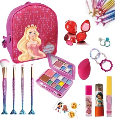 Maquiagem Infantil Kit com Mochila Rosa Princesa, mais de 20 Itens, 2 Batons, Gloss, 4 Pincéis de Sereia, Paleta de Sombras com Blush Pincel, Anel, Pulseira, Tatuagem, Brinquedo Menina, Maquiagem Para Crianças.