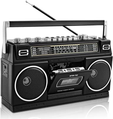 WISCENT Boombox vintage clássico dos anos 80, leitor de cassete com Bluetooth, rádio AM/FM/SW, alto-falantes estéreo de 24 W, compartimentos para cartão USB/SD, conector de fone de ouvido, preto