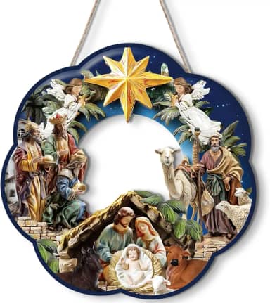 Guirlanda de Natal da Sagrada Família, Guirlanda de Madeira com Tema de Presépio, Decoração de Porta e Parede para Natal, Verde com Vermelho