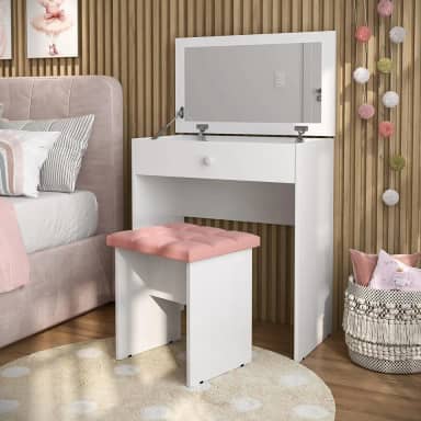 Penteadeira Escrivaninha Mesa Camarim Com Espelho e Gaveta e Banqueta (Rosa)