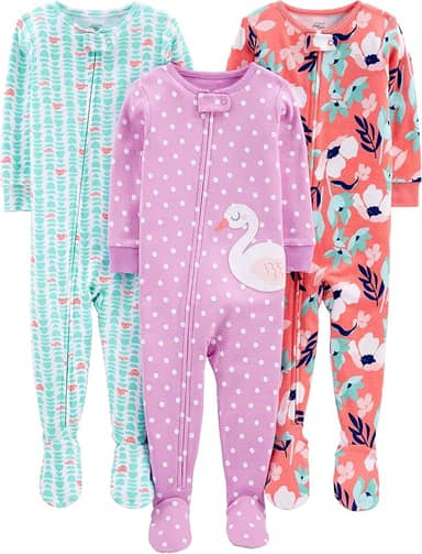 Simple Joys by Carter's Pacote com 3 pijamas de algodão com pés de ajuste confortável para meninas