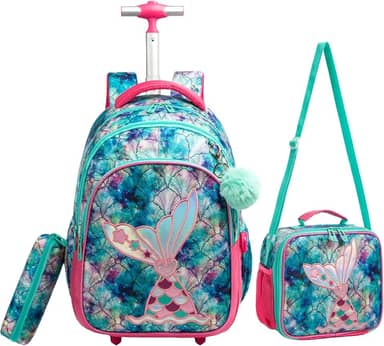 Mochila Rodinha Escolar Infantil de Lancheira e Estojo Lápis Ideal para Meninos e Meninas de 7 a 12 Anos (sereia01)
