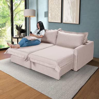 Sofá 3 Lugares Living Retrátil Bali Almofadas Soltas em Linho (Bege)