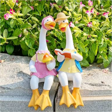 2 peças de estátuas de pato de resina para decoração de jardim, lindas esculturas de casal de patos sentados para jardim, quintal, pátio, cerca, lago de gramado - 21 cm (casal de patos)