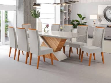 Mesa de Jantar Retangular Pipa com 8 Cadeiras Madeira Maciça Vegas Mel/Marfim/Off White