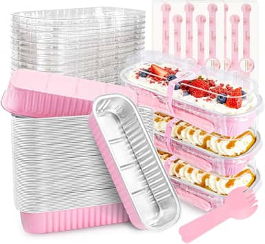 Pacote com 50 mini formas de bolo com tampas e colheres retangulares de alumínio para assar, recipientes para cheesecake (200 ml)