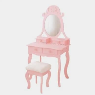 Penteadeira Infantil Rosa com Espelho e Banqueta Estofada – Mesa de Maquiagem Coração para Meninas, Quarto de Princesa