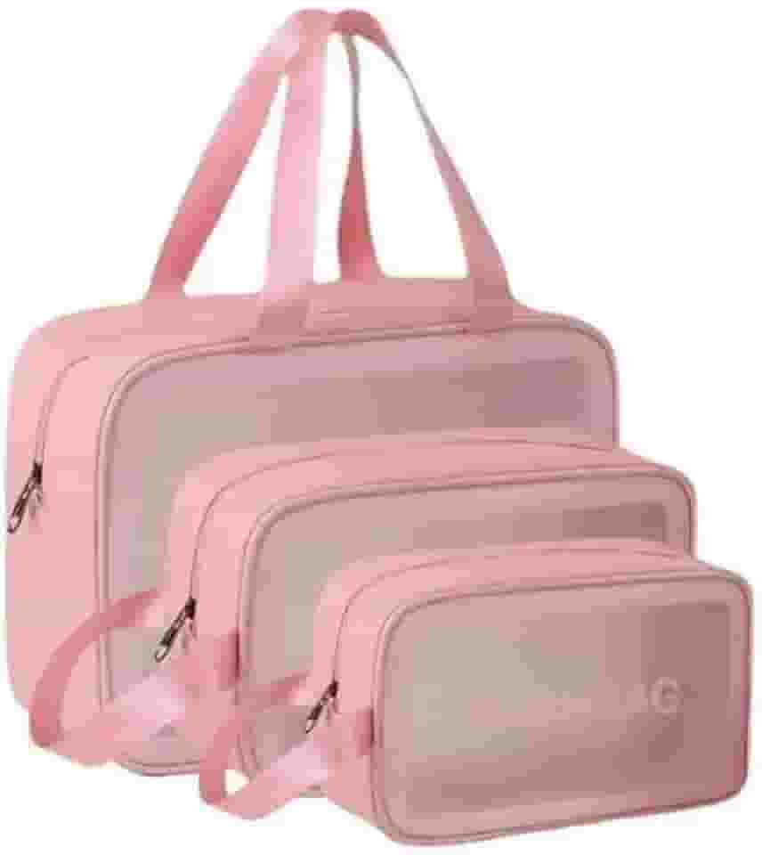 Kit 3 Necessaire Feminina Viagem Praia PVC Impermeável Zíper Grande Espaçosa Bolsa Organizadora Cosméticos Lavável Durável Prática Estilo Blogueira Luxo (Rosa)