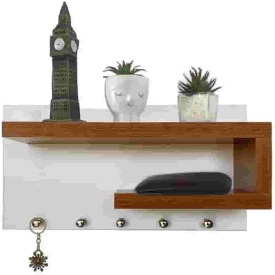 Porta Chaves de MDF com Prateleiras e Ganchos (Branco/Freijó)