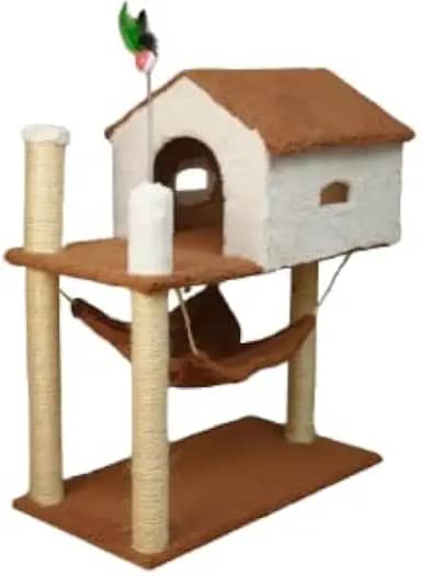 Arranhador para Gatos com Casinha e Rede, 84 cm Altura x 61 cm Comprimento, Base Dupla, 4 Postes com Sisal (Off White)