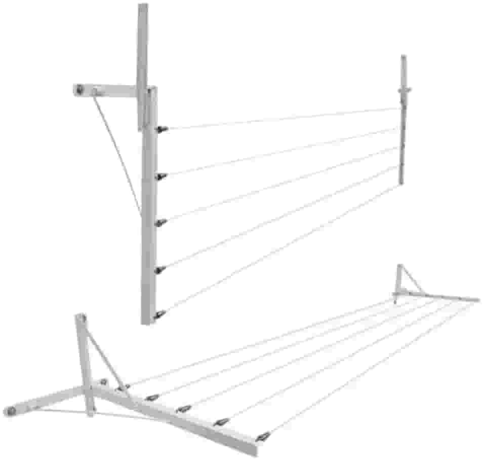 Varal de parede/muro dobrável, fabricado em 100% alumínio com mão francesa em aço, 5 cordas para estender roupas. Cor Branco, resistente e prático, ideal para otimizar espaço em áreas externas.