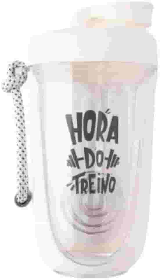Coqueteleira Shakeira Whey para Academia e Treino com Misturador e Alça Esfera Mola Frase Hora do Treino 550 Ml (Branco)