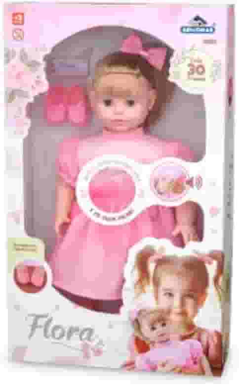Boneca Flora, 50cm, Fala 30 Frases, Vestido Rosa, com Acessórios e Olhos que Fecham