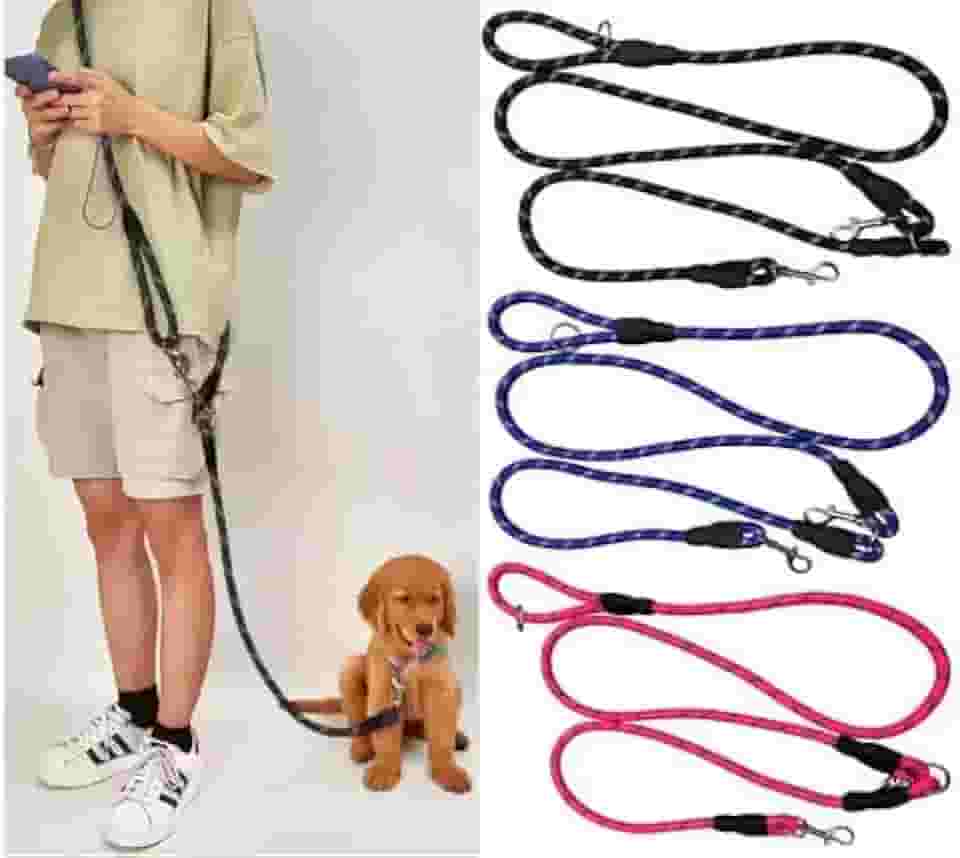 Coleira para cães mãos livres na cintura e corda transversal com guia deslizante durável para 2 cães de nylon refletiva resistente para caminhadas e corrida para cães médios e grandes (Rosa)