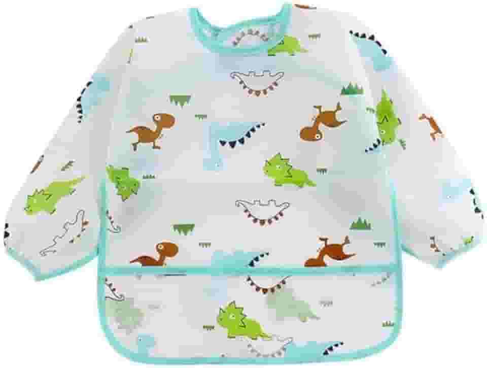 Babador Manga Longa Impermeável Cata Migalhas - Dinossaurios - Marrom/Verde/Azul