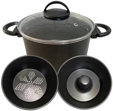 Novo Panela Banho Maria Legumes Pudim E Vapor Antiaderente Tampa Vidro (Preto)