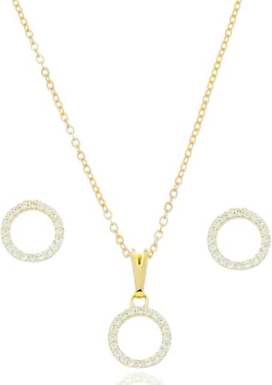 Conjunto Colar E Brinco Feminino Folheado A Ouro 18k Pingente Redondo Cravejado Elegante Perfeito Para Presente