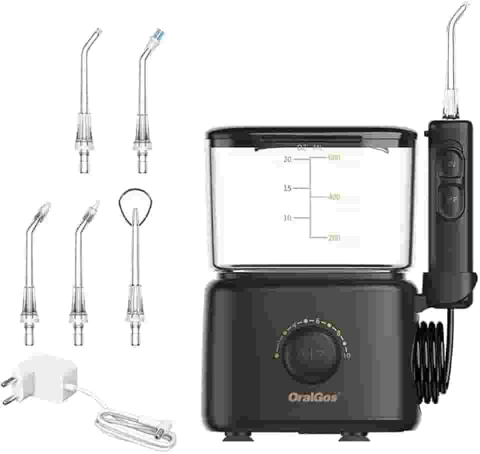ORALGOS Irrigador Bucal Profissional, Reservatório de 600ml, Bivolt, Multifuncional Saúde, Limpeza Profunda, Jato de Água Ultrassônico, 10 Níveis de Pressão, Escova Elétrica, Versão Familiar, 5 Pontas Substituíveis, Preto