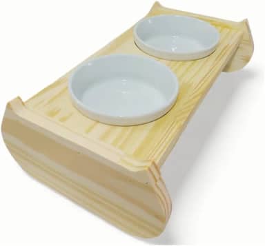 Comedouro Pet Elevado Para Gato Em Madeira Com 2 Tigelas de Porcelana Tamanho P