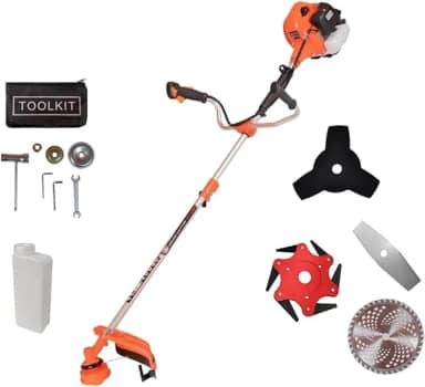 Roçadeira a Gasolina Profissional com Motor de 75CC, Potência de 3HP, Equipada com Lâmina de 6 Pontas, 2 Pontas Facão e Disco de 80 Dentes, Inclui Kit Completo de Acessórios para Trabalho Eficiente