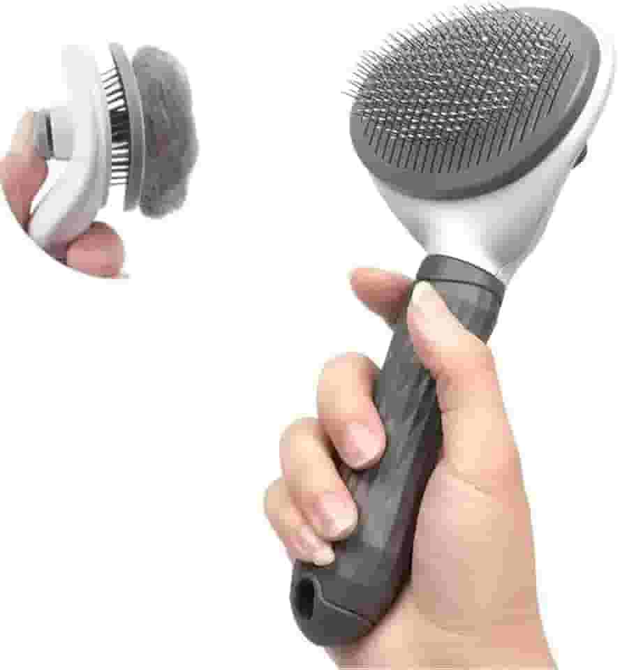 Escova Rasqueadora Pet Tira Pelos Cachorro Gato Cão com Cerdas de Aço Flexíveis e Cabo Ergonômico Escovas Limpeza Autolimpantes para Queda e Cuidados dos Pelos de Pelagem Média a Longa, Remove Nós e Pelos Soltos com Suavidade (Cinza)