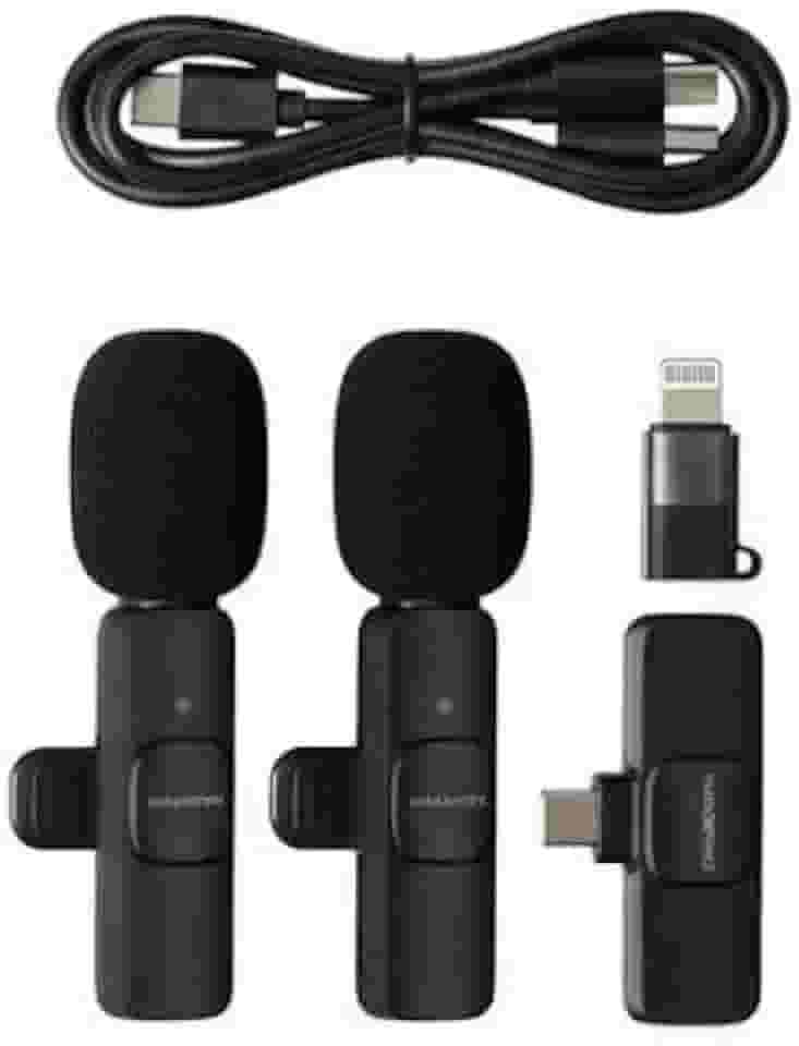 Kit Microfone de Lapela Duplo Sem Fio Universal para Celular iPhone (Lightning) e Android (USB-C), Profissional com Redução de Ruído, Plug and Play para Vlog, Entrevista e Live, Alcance 20m