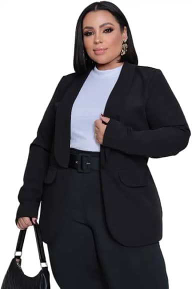 Blazer Feminino Terninho Alfaiataria Plus size G1 G2 G3 Tendencia 2026 (BR, Alfa, XXG, Plus Size, Regular, Plus Size, PRETO)