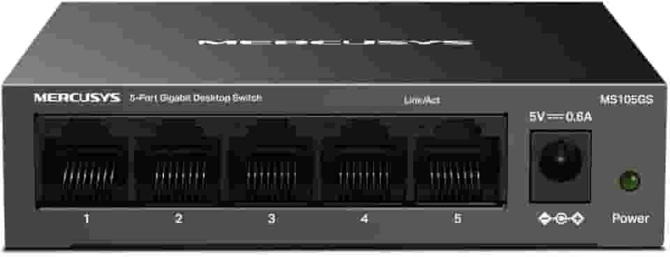 MS105GS: Switch Gigabit de 5 portas MERCUSYS, com auto negociação, Auto-MDI/MDIX, caixa metálica, economia de energia, instalação fácil, plug and play, sem necessidade de configuração.