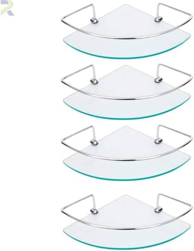 Kit Prateleira de Canto para Banheiro, Vidro Incolor 6mm com Suporte de Alumínio, 29x20cm, 4 Unidades