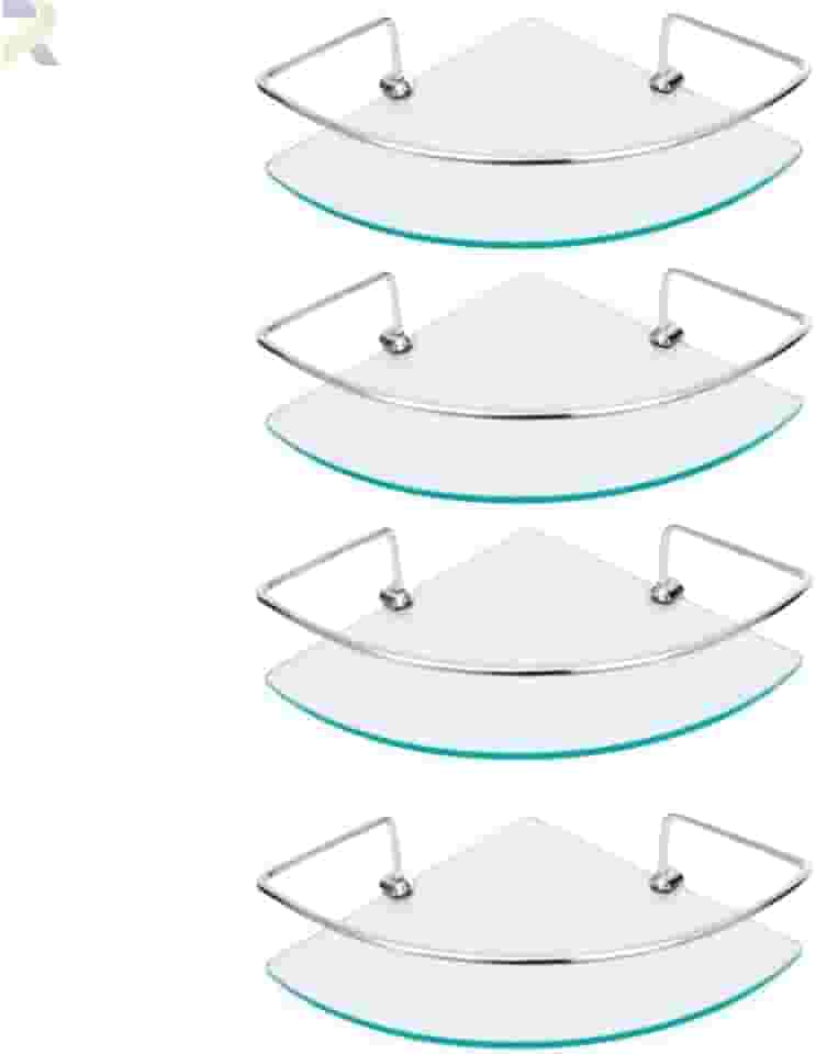 Kit Prateleira de Canto para Banheiro, Vidro Incolor 6mm com Suporte de Alumínio, 29x20cm, 4 Unidades