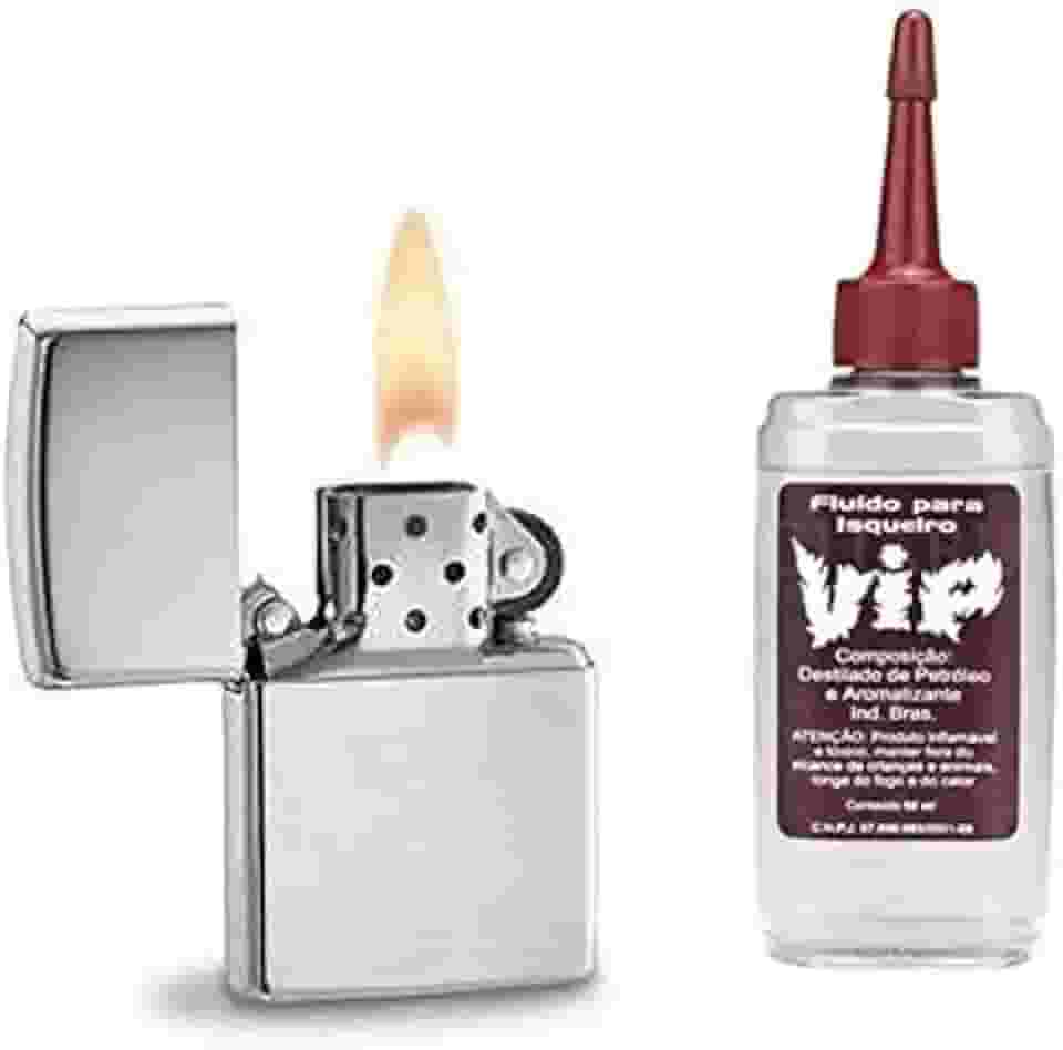 Isqueiro em Metal - Cromo Liso, Recarregável + Fluído vip