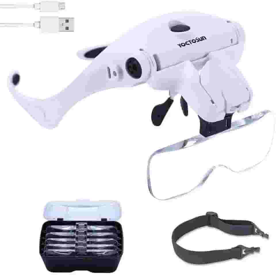 YOCTOSUN Lupa de cabeça de LED, recarregável, mãos livres, lupa com 2 LEDs, suporte de lupa profissional para joalheiro e faixa de cabeça são intercambiáveis