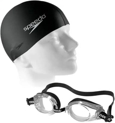 Kit Natação Completo – Óculos Clássico Visão Clara Anti-Embaçante UV + Touca Silicone Lisa Preta | Conforto, Ajuste Rápido e Performance