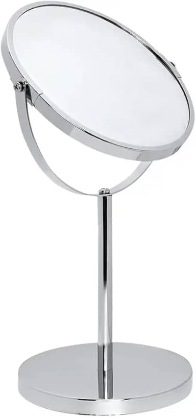 Mimo Style Espelho de Aumento com Base Cor Prata, Dupla Face 360º Rotativo, Lado Normal e Outro Com Ampliação em 5X. Acabamento em Aço Inoxidável de Qualidade e Elegante