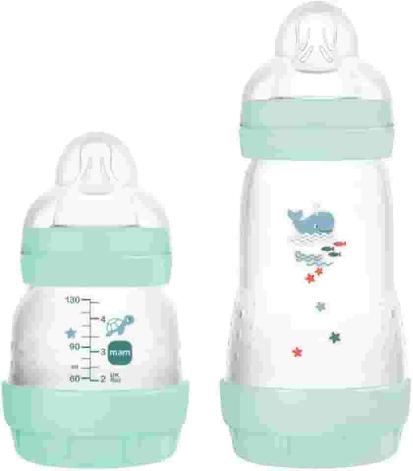 MAM Baby Kit 2 Mamadeiras Easy Start Starter Set Anticólica e Menos Bolhas de Ar, para Crianças 0+ Meses Autoesterilizável e com Bico de Silicone Skinsoft, Verde