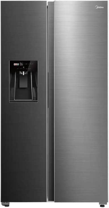 Geladeira Side by Side 570L Dispenser Água e Gelo Inverter cor Inox Midea