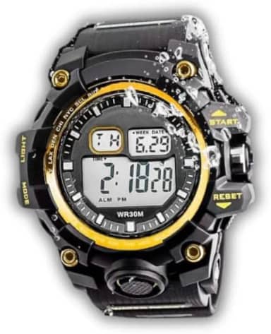 Genérico - Relógio Digital Masculino Redondo Grande à Prova d'Água com Pulseira de Silicone Preta Ajustável - Esportivo com Cronômetro, Alarme e Luz LED