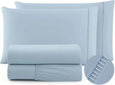 Jogo De Lencol QUEEN 4 Pecas 600 Fios Egípcios Cama Box - Lençol de Cima Ponto Palito - Toque extra Macio - Lençol de Hotel (AZUL, QUEEN 4 PEÇAS)