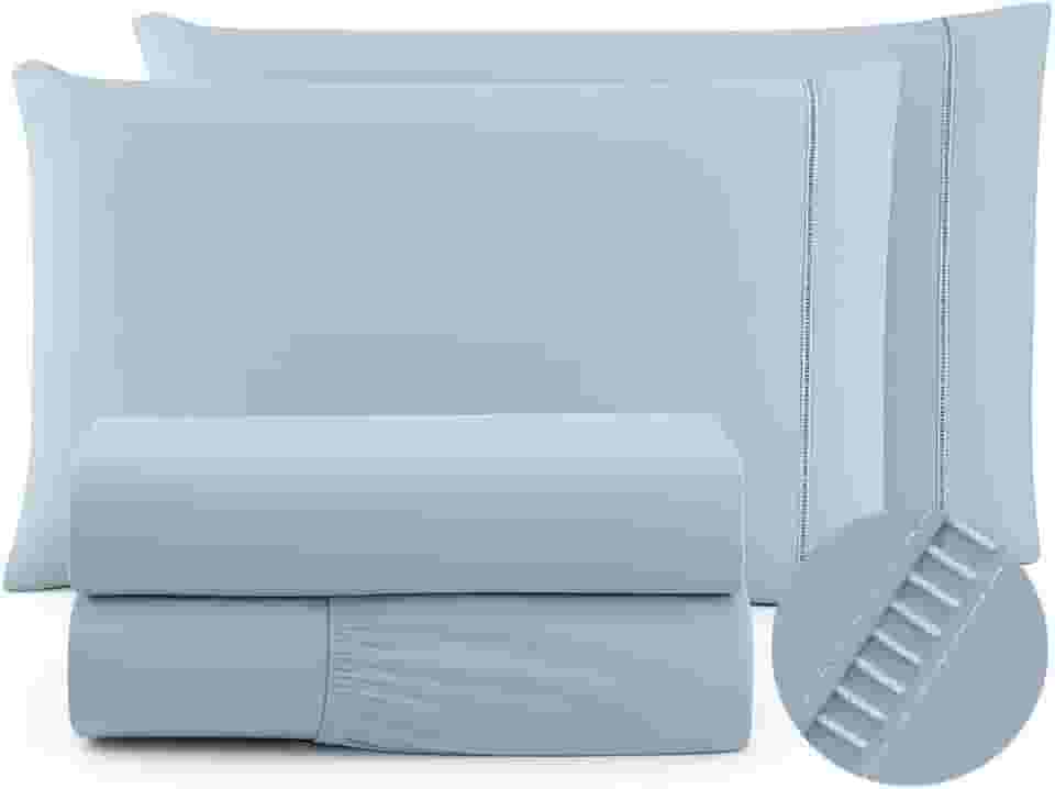 Jogo De Lencol QUEEN 4 Pecas 600 Fios Egípcios Cama Box - Lençol de Cima Ponto Palito - Toque extra Macio - Lençol de Hotel (AZUL, QUEEN 4 PEÇAS)