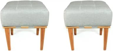 Kit 2 Puff Quadrados para Sala de Estar Tecido Linho Pés em Madeira Maciça (Bege Claro)