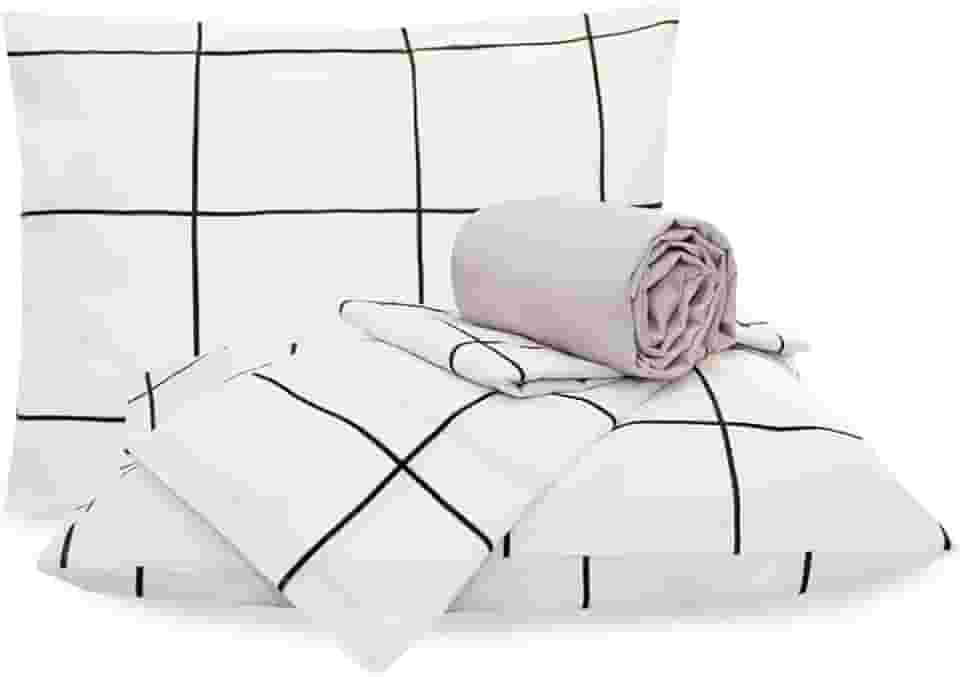 Jogo De Lençol Queen 4 Peças Grid Algodão, Branco, Marina Enxovais, Duplo, Classic