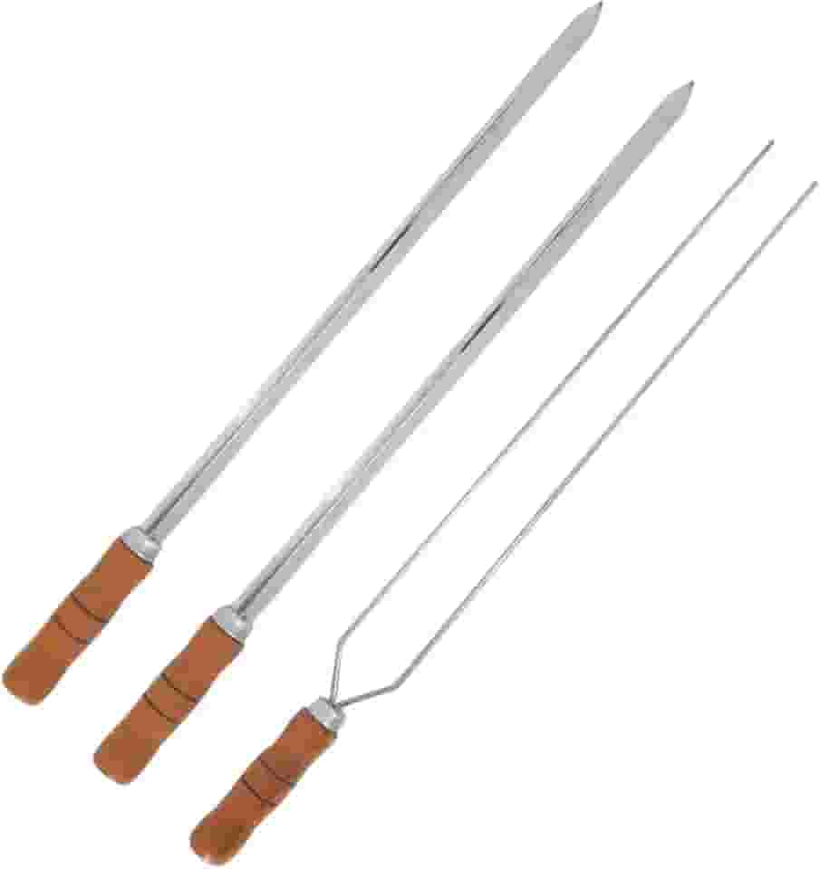 Kit 3 Espetos De Inox 40cm Com Cabo Madeira - Espada E Duplo