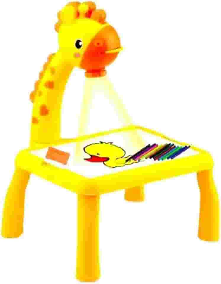 Mesa Lousa Projetora Mágica Colorir Infantil Amarela Educativa com Luz Projetora, Canetinhas e Moldes Interativos para Crianças