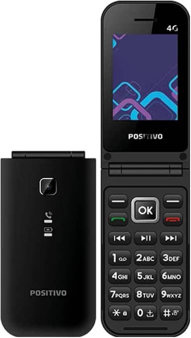 Celular POSITIVO P51, Flip, Função Modem, 4G, Câmera Traseira, Tela 2,4' LCD, Rádio FM, Botão SOS, Dual SIM Preto