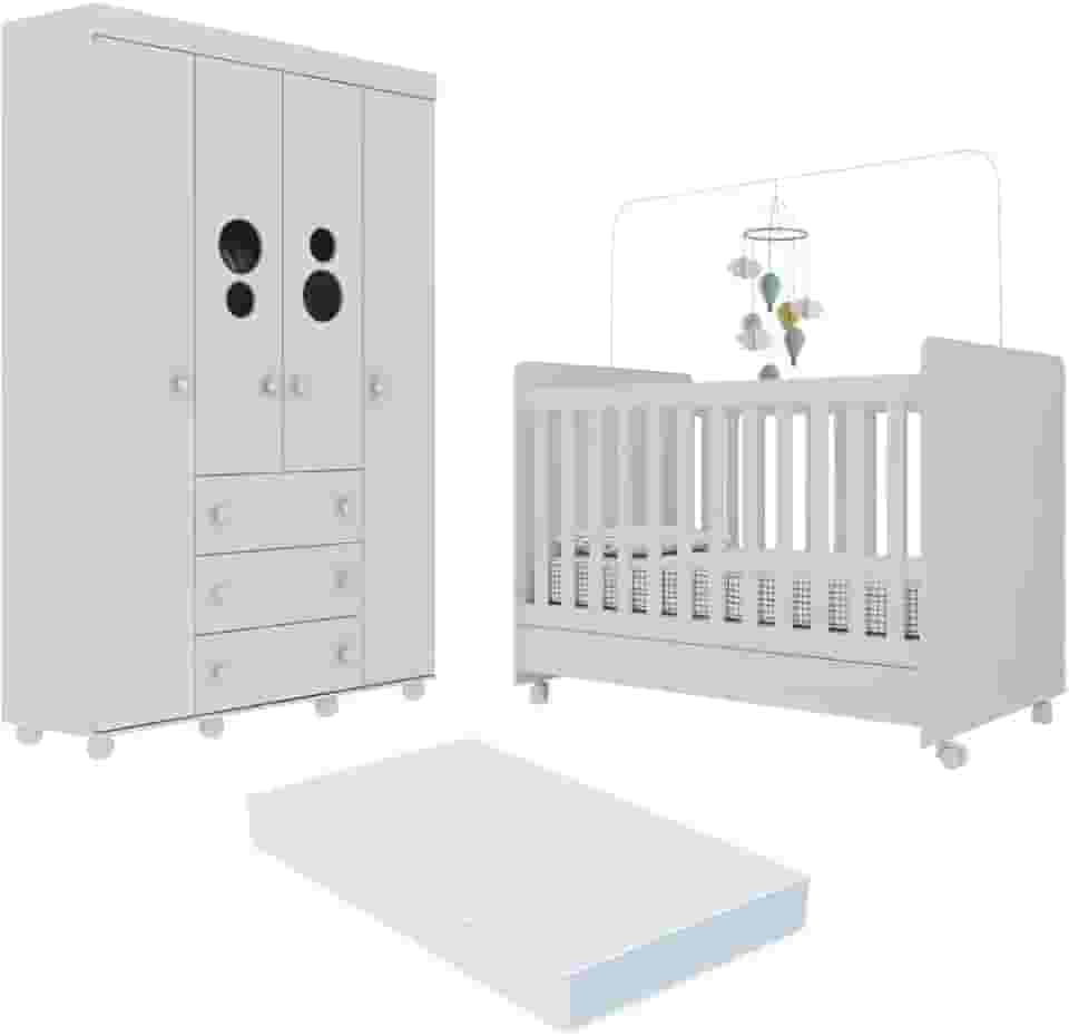 Berço Americano 3 em 1 com Colchão Incluso/rodízios e Guarda-roupa 4 Pts Pimpolho Multimóveis Mp4387 Branco