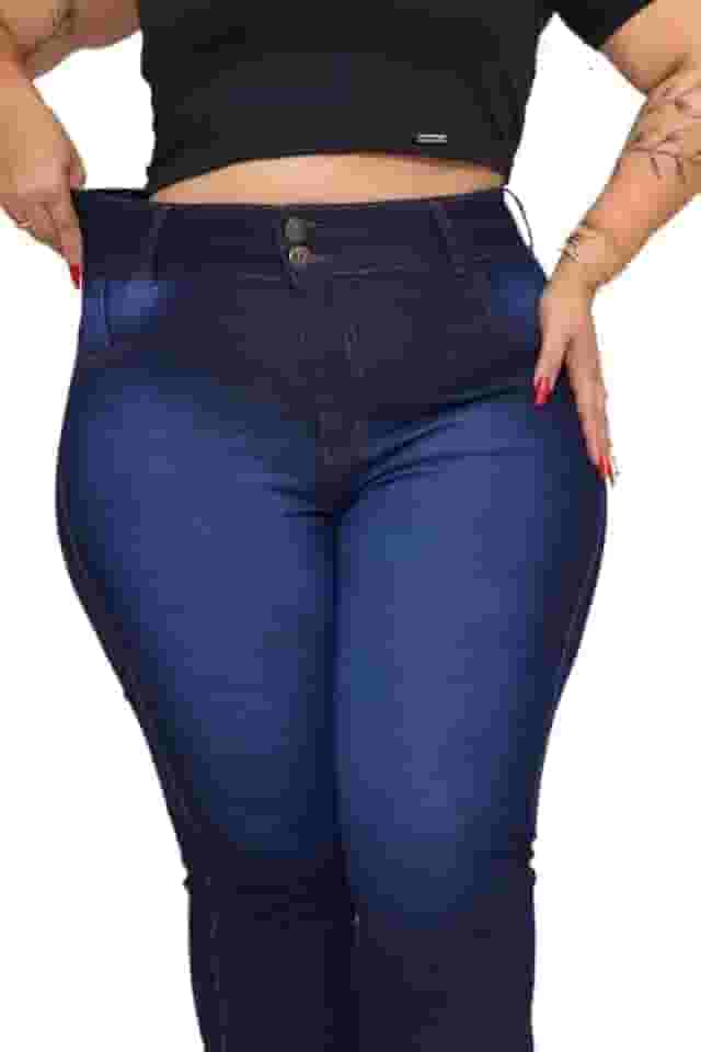 Calça Jeans Feminina Plus Size Flare Cintura Alta Com Lycra Azul Escuro