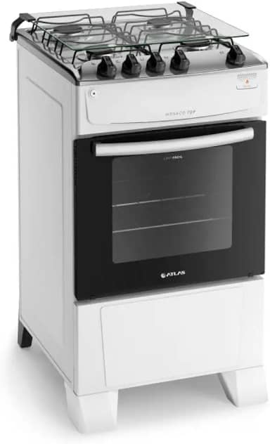 Fogão 4 Bocas Branco com Mesa Inox Atlas Mônaco Top Bivolt